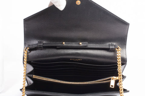 Authentic Yves Saint Laurent Cassandre Matelasse Black Leather Wallet on Chain