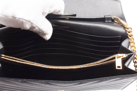 Authentic Yves Saint Laurent Cassandre Matelasse Black Leather Wallet on Chain