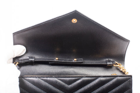 Authentic Yves Saint Laurent Cassandre Matelasse Black Leather Wallet on Chain