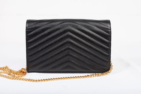Authentic Yves Saint Laurent Cassandre Matelasse Black Leather Wallet on Chain