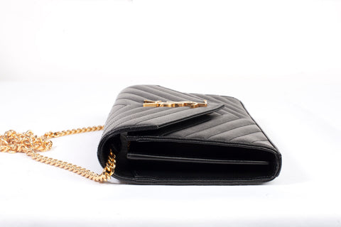 Authentic Yves Saint Laurent Cassandre Matelasse Black Leather Wallet on Chain