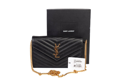 Authentic Yves Saint Laurent Cassandre Matelasse Black Leather Wallet on Chain