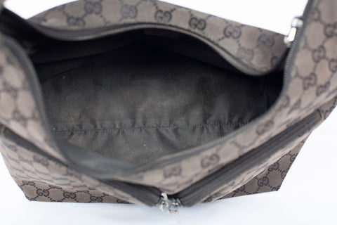 Authentic Gucci Vintage Double Pocket Zip GG Black Canvas Medium Hobo Bag
