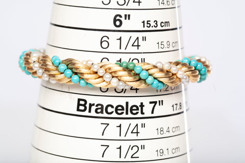 Gorgeous 18k Yellow Gold Turquoise and Pearl Braided Bracelet