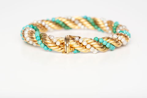 Gorgeous 18k Yellow Gold Turquoise and Pearl Braided Bracelet