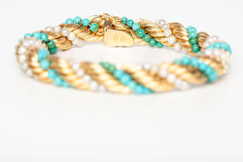 Gorgeous 18k Yellow Gold Turquoise and Pearl Braided Bracelet