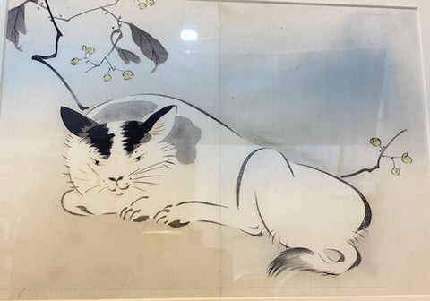 Vintage Japanese Bobtail Cat Framed Woodblock Print